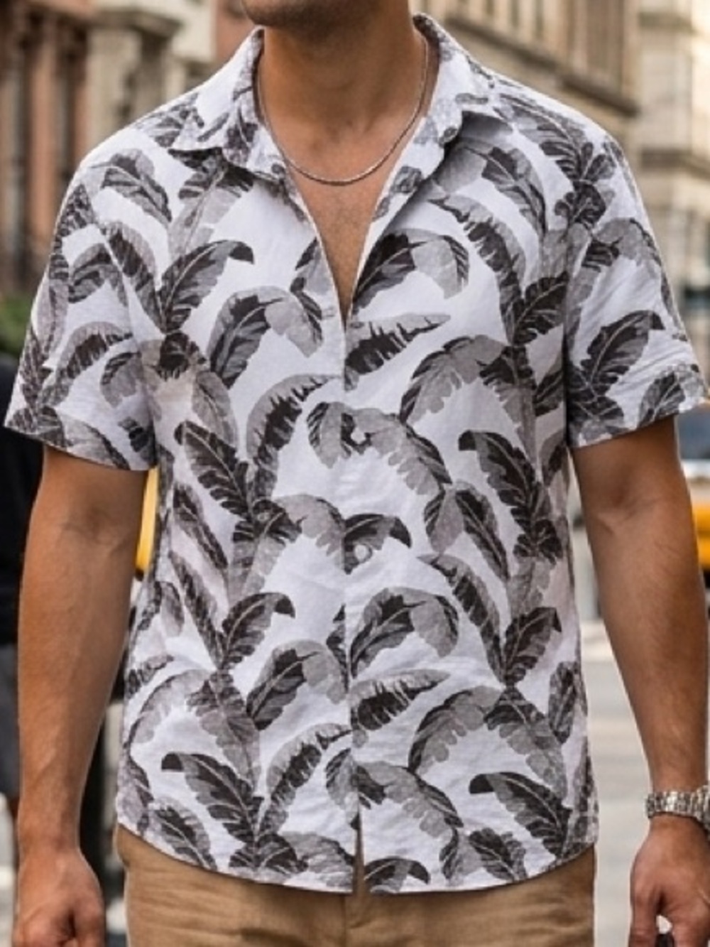 Express Mens Tropical Leaf Print Button Down Shirt Black White Size XL Resort